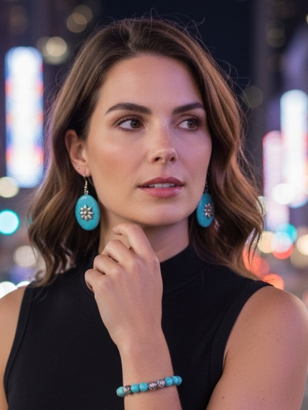 Turquoise Stone Floral Drop Earrings and Bracelet Set